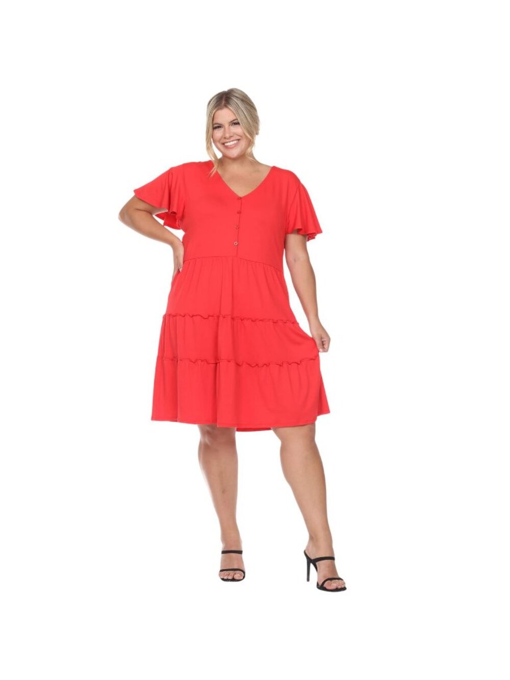 NWT White Mark Sleeve V-Neck Tiered Ruffle Hem Knit Dress PS3880-04/3X Red 3X